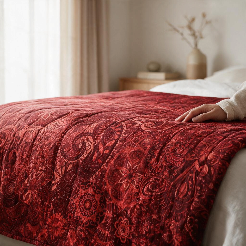 Carmon's Quilt Shop Mystique Blender red 108-inch wide cotton quilt backing fabric with intricate floral patterns.