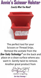 Carmon's Quilt Shop red Sew Very Smooth scissor holster with two slots for organizing sewing tools on craft tables.