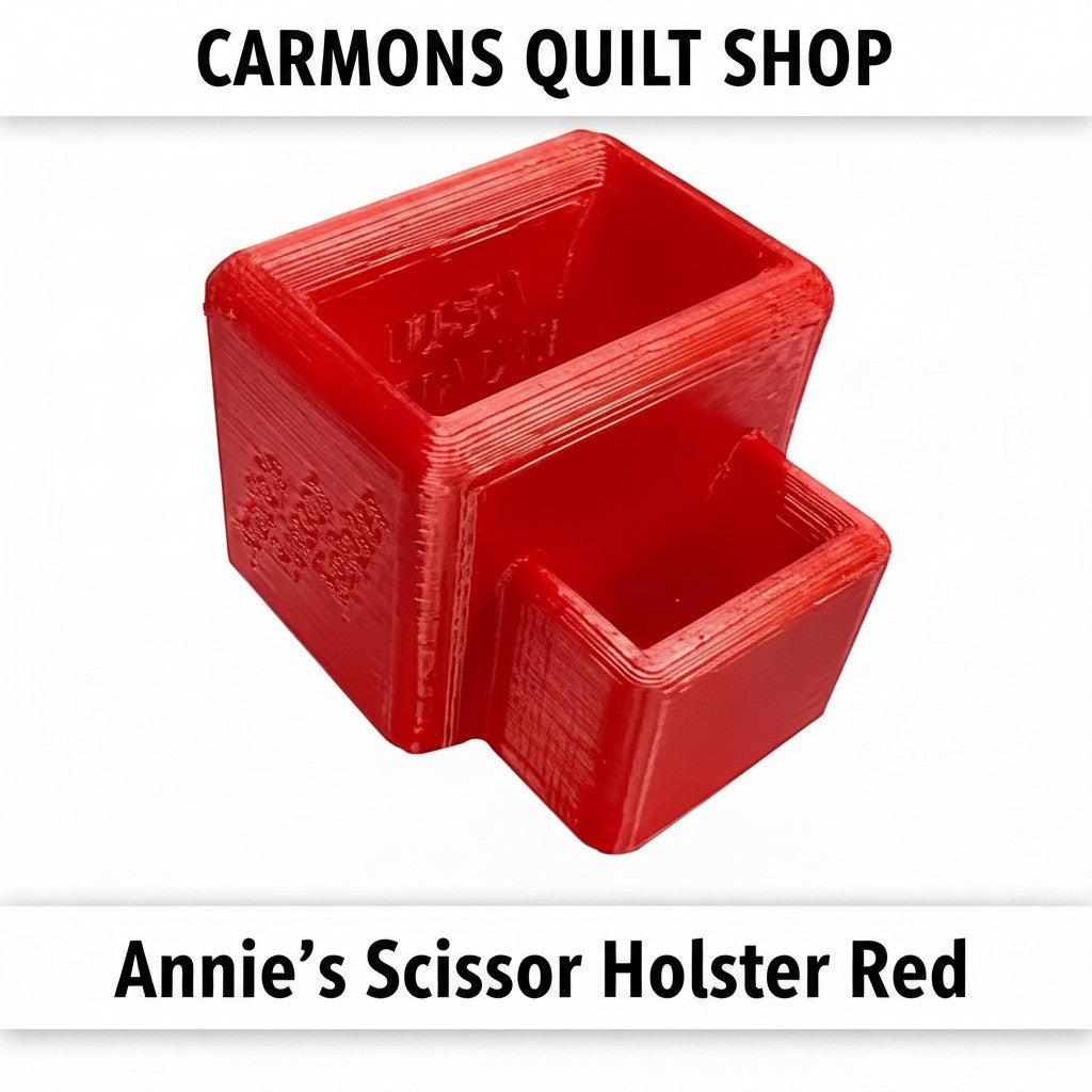 Carmon's Quilt Shop red 3D printed PLA scissor holster with two slots for organizing sewing tools and thread snippers