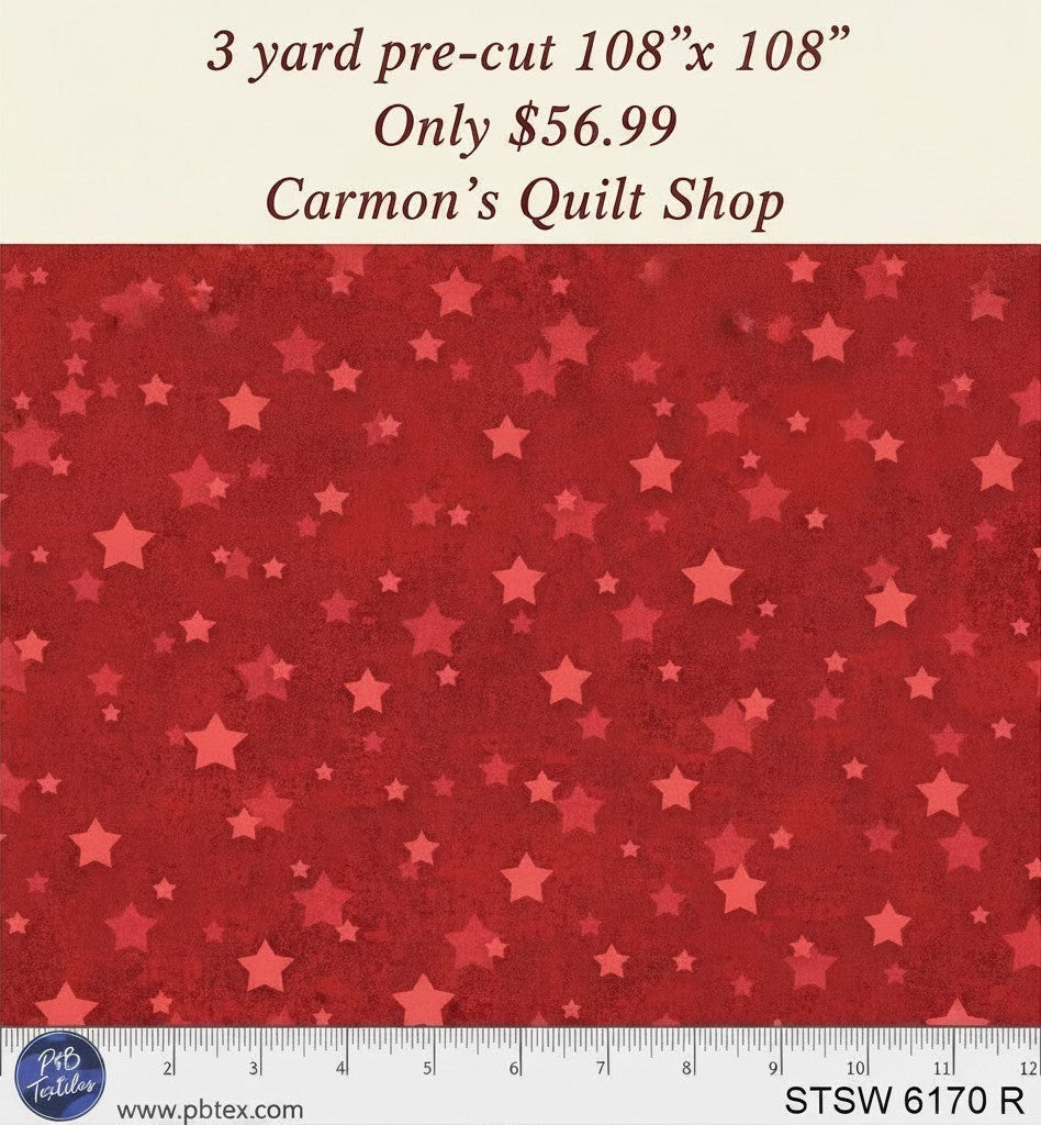 Carmon's Quilt Shop red 108 inch wide cotton backing fabric with a tonal star pattern for quilting projects