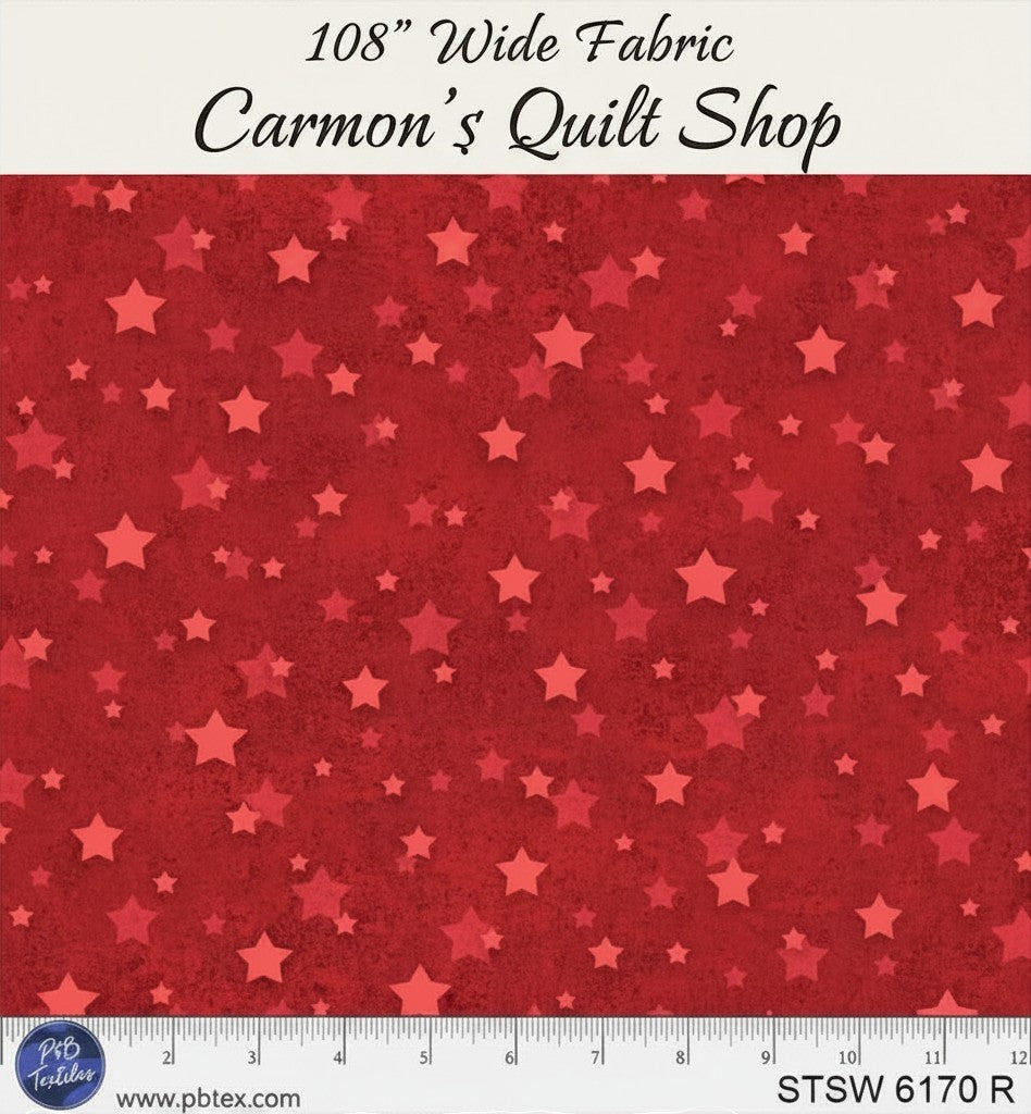 Carmon's Quilt Shop red 108 inch wide cotton quilting fabric with a tonal star pattern for quilt backing