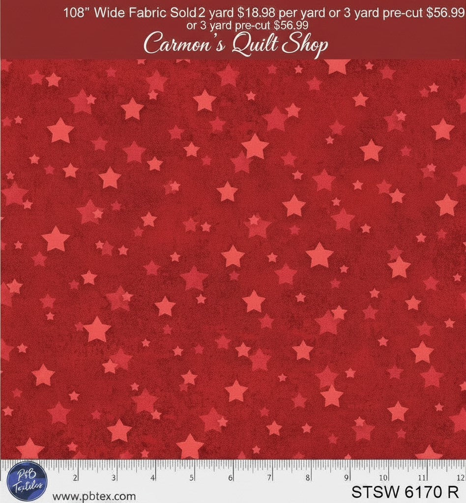 Carmon's Quilt Shop red 108 inch wide cotton backing fabric featuring a repeating star pattern for quilting