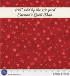 Carmon's Quilt Shop red 108 inch wide cotton quilting fabric featuring a star spangled Americana pattern