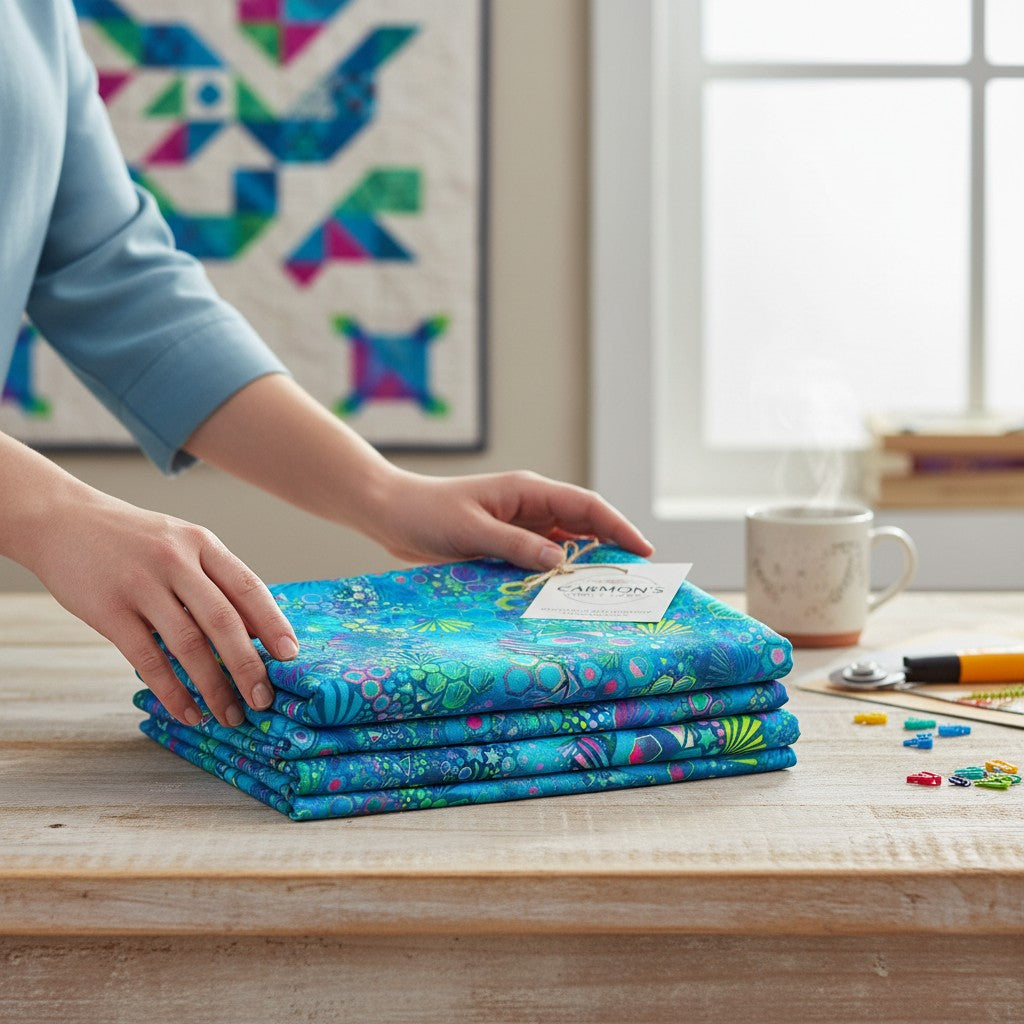 Robert Kaufman Pacific Phantasma Fiesta fabric: 100% cotton with abstract geometric hexagons, stars, and triangles in blue, green, pink, and yellow.