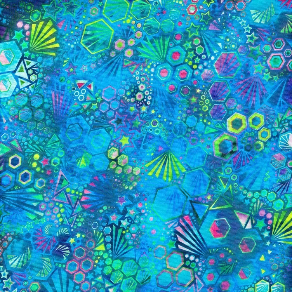 Robert Kaufman Pacific Phantasma 100% cotton fabric in fiesta blue with geometric hexagons, stars, and triangles in neon green, pink, and yellow.