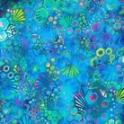Robert Kaufman Pacific Phantasma 100% cotton fabric in fiesta blue with geometric hexagons, stars, and triangles in neon green, pink, and yellow.
