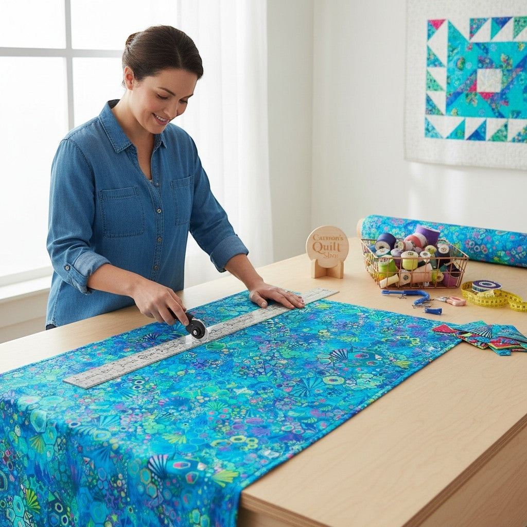 Robert Kaufman Pacific Phantasma 100% cotton fabric in fiesta blue with geometric hexagons, stars, and triangles in neon green, pink, and yellow.