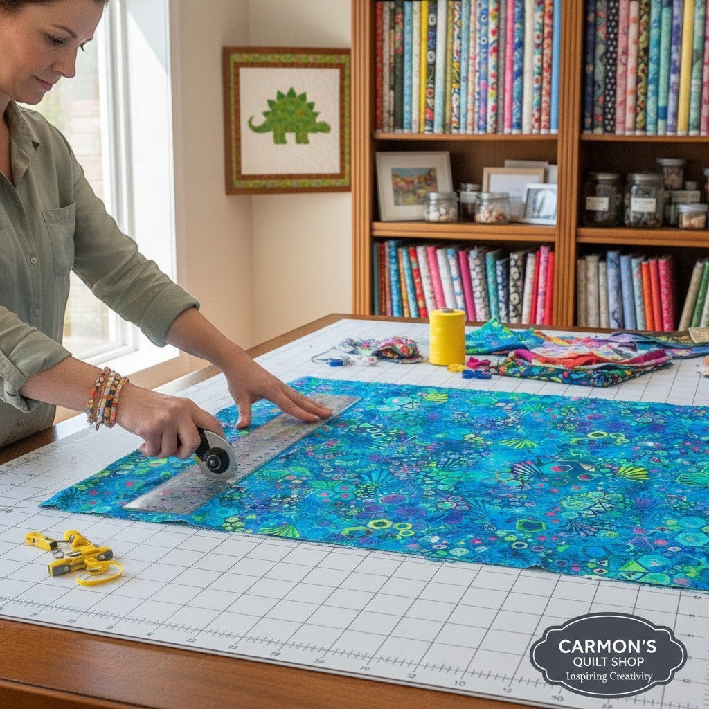 Carmon's Quilt Shop Robert Kaufman Pacific Phantasma 100% cotton fabric with geometric shapes in blue, green, pink, and yellow.