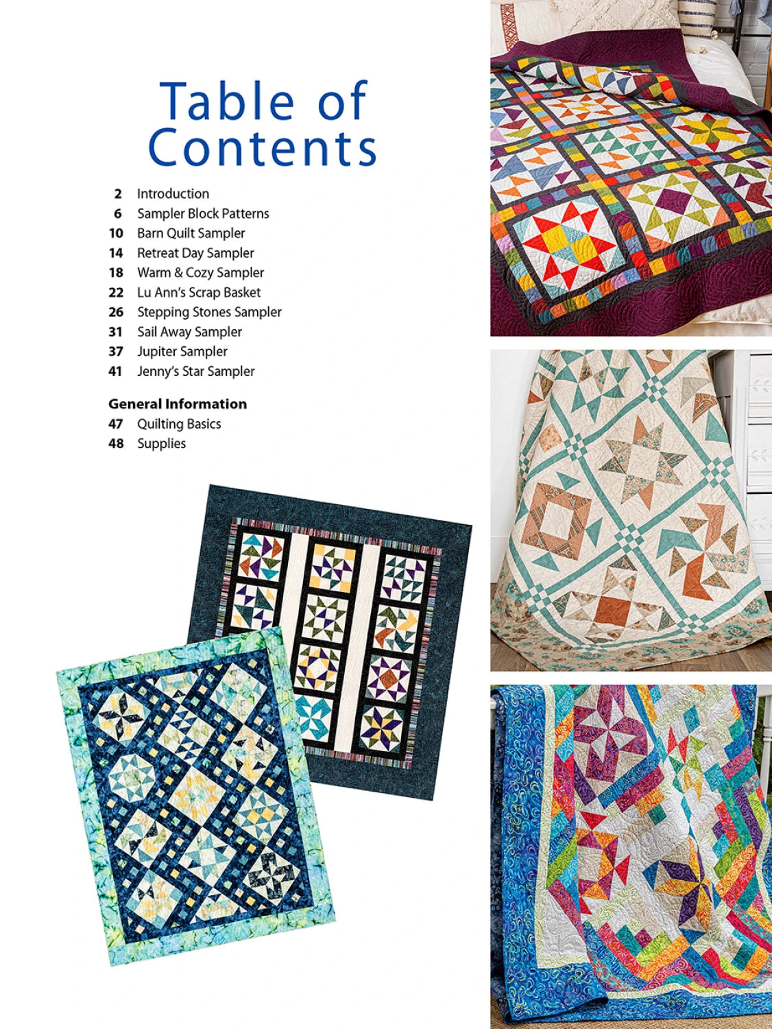 Carmon's Quilt Shop Mix & Match Quilt Sampler Settings book table of contents page with colorful quilt examples