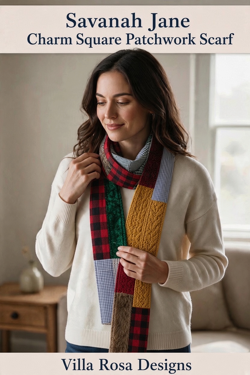 Carmon's Quilt Shop Savannah Jane patchwork scarf sewing pattern featuring multi-colored fabric charm squares