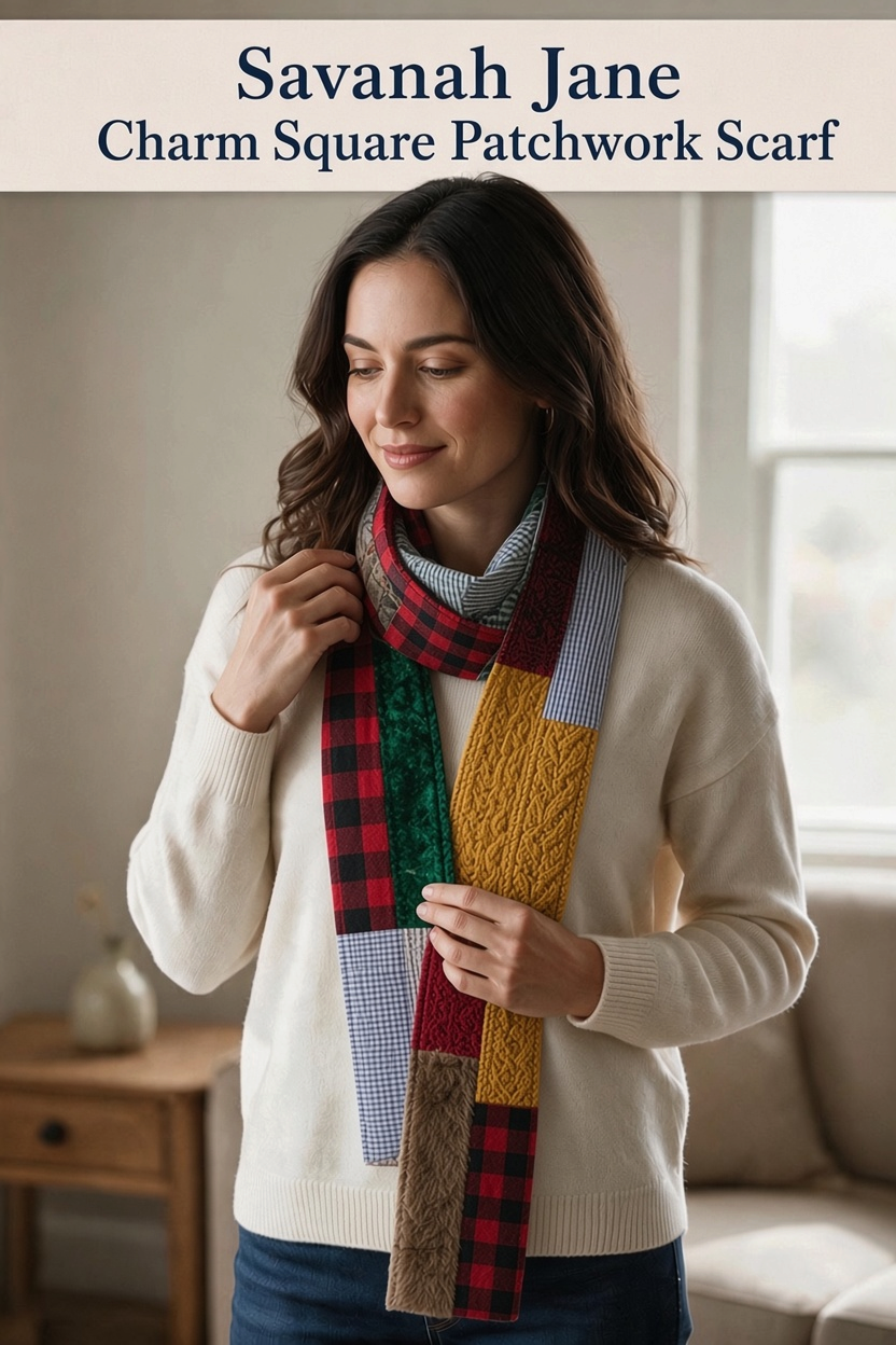 Carmon's Quilt Shop Savannah Jane patchwork scarf made from various textured fabrics worn by a woman in a cream sweater