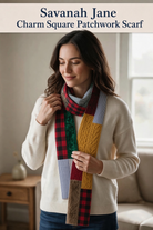 Carmon's Quilt Shop Savannah Jane patchwork scarf made from various textured fabrics worn by a woman in a cream sweater