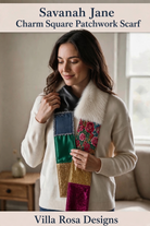 Carmon's Quilt Shop Savannah Jane patchwork scarf pattern featuring colorful fabric squares and faux fur trim