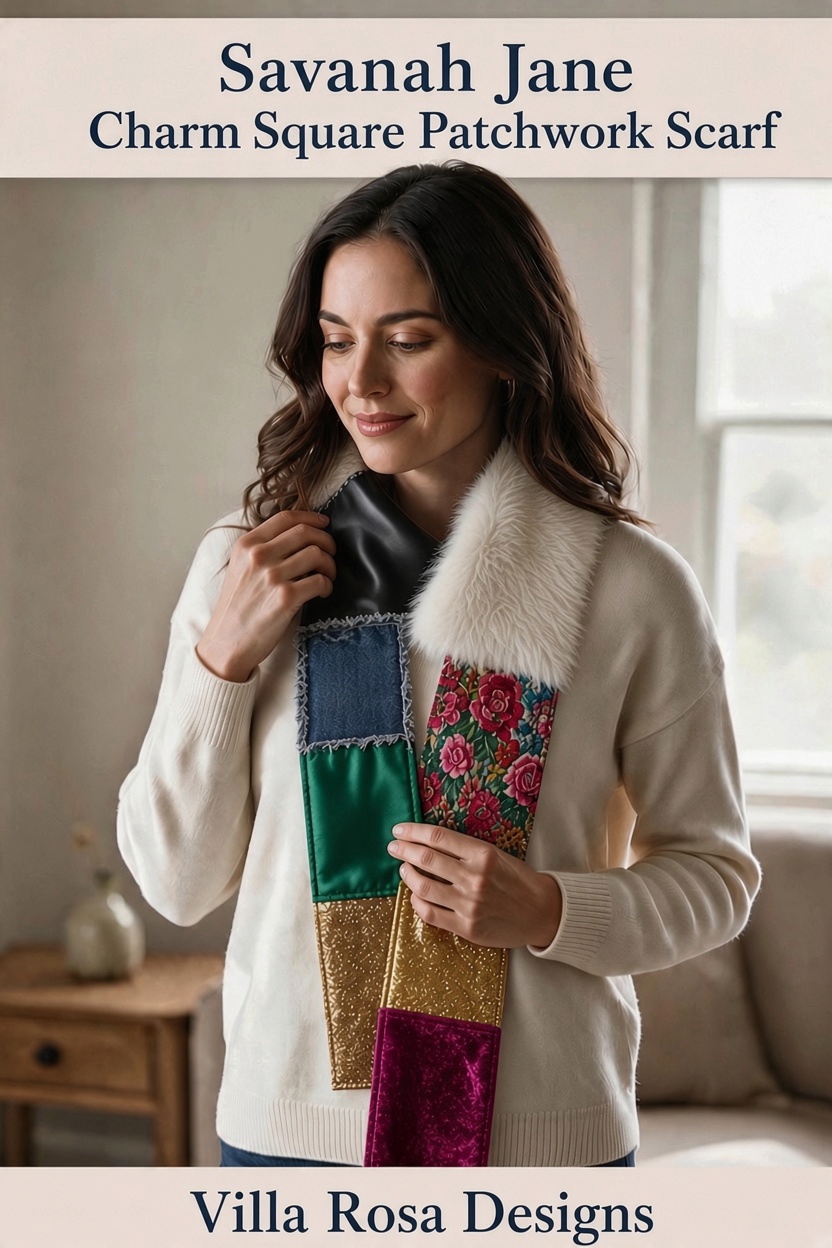 Carmon's Quilt Shop Savannah Jane patchwork scarf pattern featuring colorful fabric squares and faux fur trim