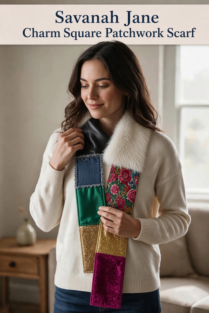 Carmon's Quilt Shop Savannah Jane patchwork scarf made from colorful fabric squares worn by a woman in a cream sweater