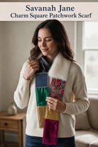 Carmon's Quilt Shop Savannah Jane patchwork scarf made from colorful fabric squares worn by a woman in a cream sweater