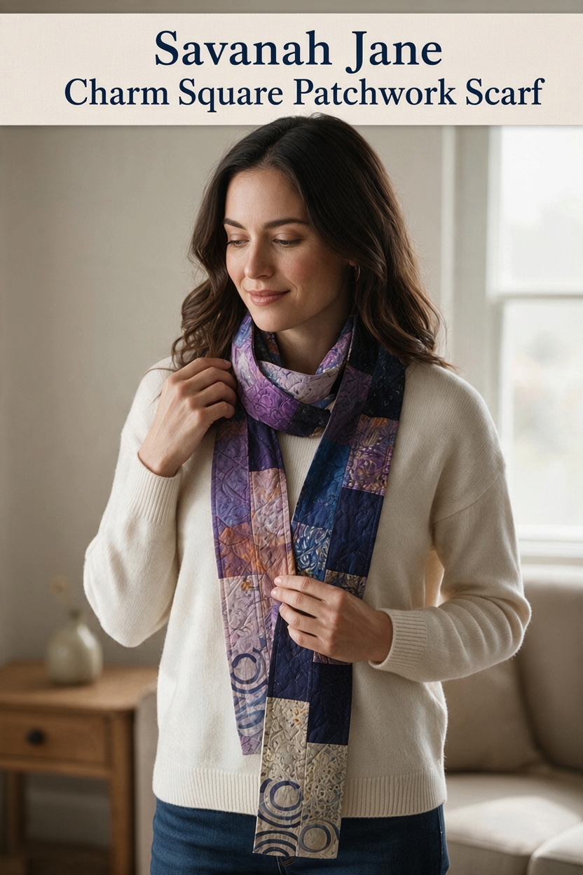 Carmon's Quilt Shop Savannah Jane patchwork scarf made from charm squares in shades of blue and purple