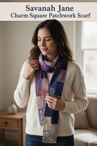 Carmon's Quilt Shop Savannah Jane patchwork scarf made from charm squares in shades of blue and purple