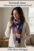 Carmon's Quilt Shop Savannah Jane patchwork scarf made from purple and blue charm squares worn by a woman