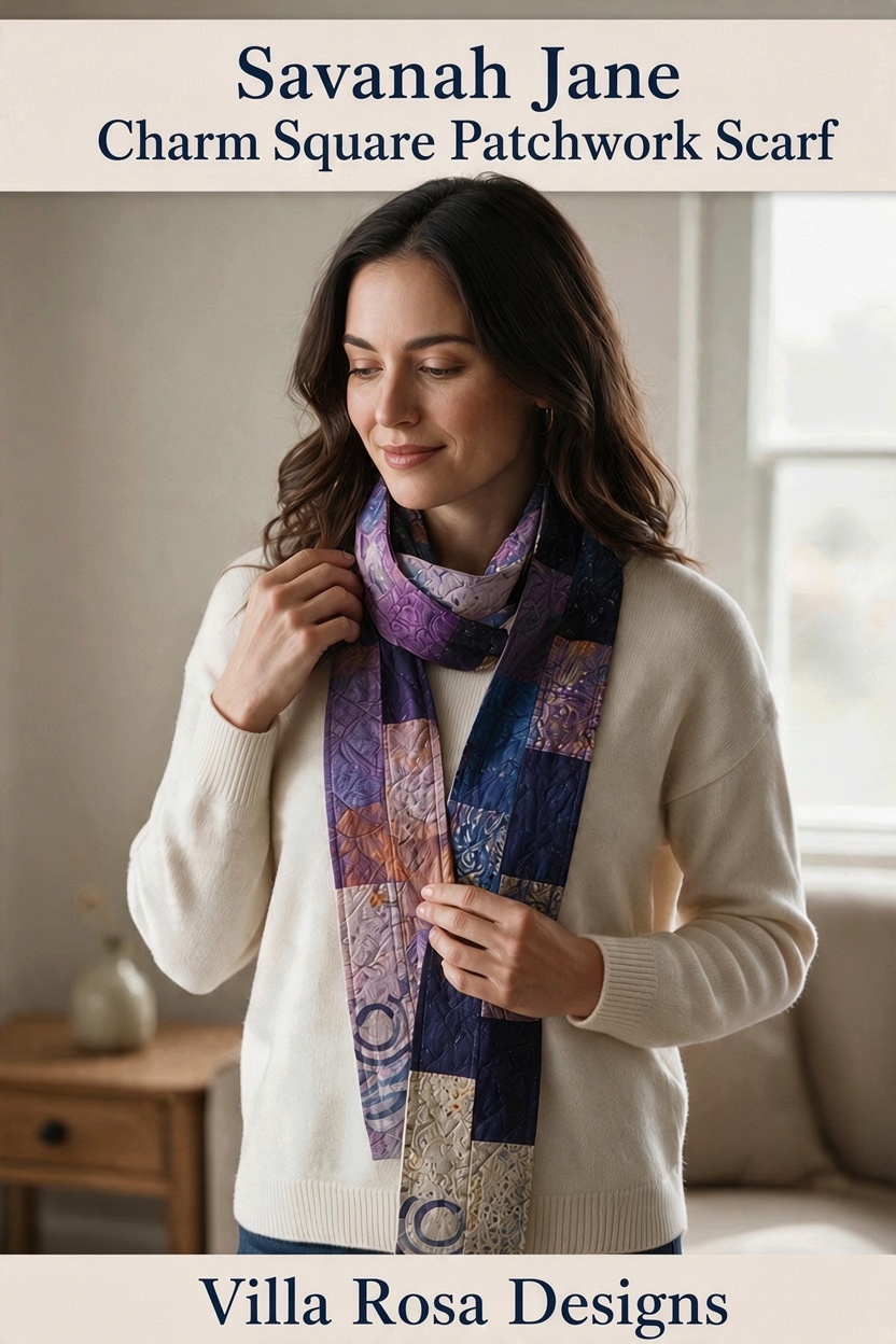 Carmon's Quilt Shop Savannah Jane patchwork scarf made from purple and blue charm squares worn by a woman