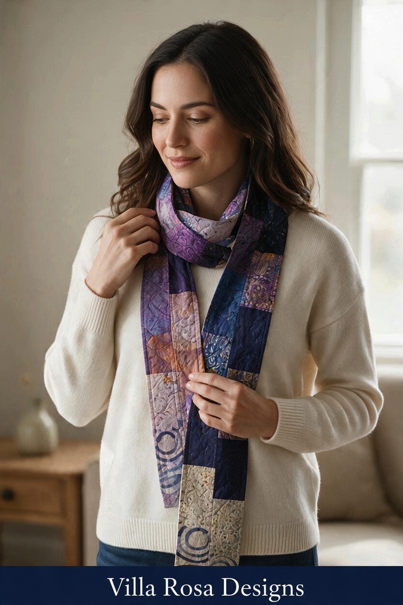 Carmon's Quilt Shop Savannah Jane wearable sewing pattern featuring a woman wearing a quilted purple patchwork scarf