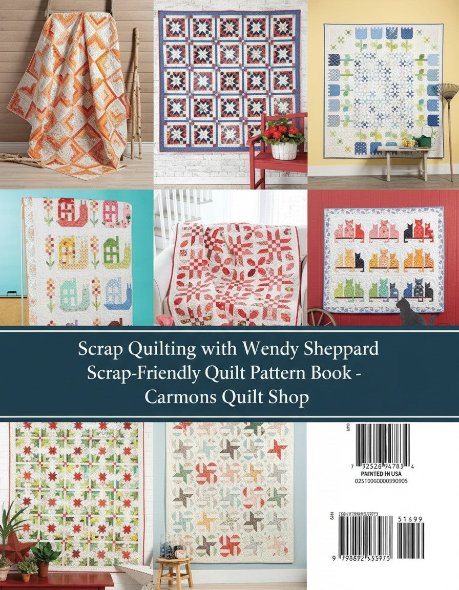 Carmon's Quilt Shop Scrap Quilting with Wendy Sheppard pattern book cover featuring colorful scrappy quilt designs.
