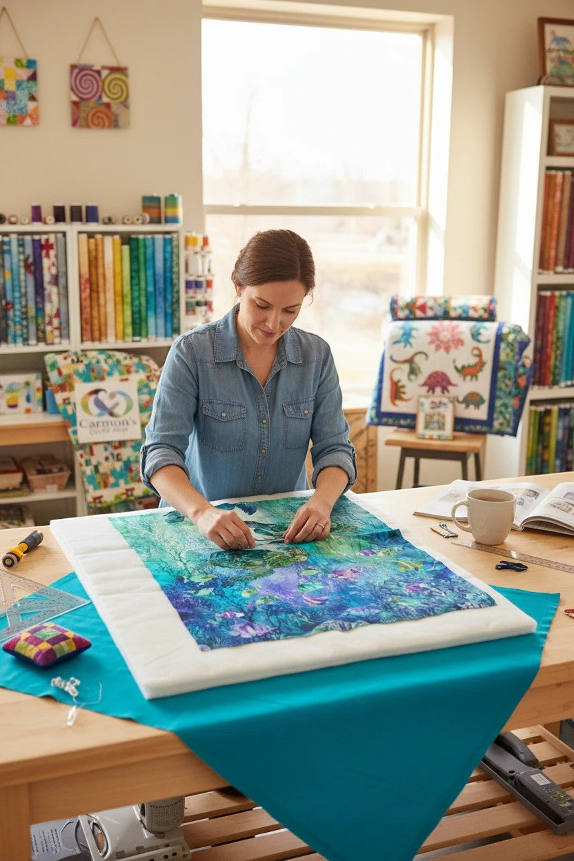 Carmon's Quilt Shop Sea Turtle Reef Fabric Panel featuring sea turtles and fish in a vibrant blue and green coral reef. High-quality fabric for quilting.