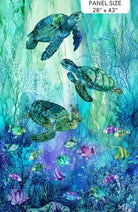 Carmon's Quilt Shop Sea Turtle Reef fabric panel with vibrant blues, greens, and purples, featuring sea turtles and tropical fish.