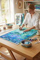 Carmon's Quilt Shop Sea Turtle Reef Fabric Panel featuring sea turtles and fish in a vibrant blue and green coral reef. High-quality fabric for quilting.