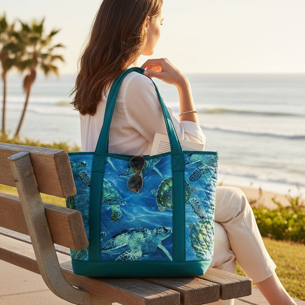 Carmon's Quilt Shop sea turtle print quilted tote bag in blue cotton, resting on a park bench overlooking the ocean.