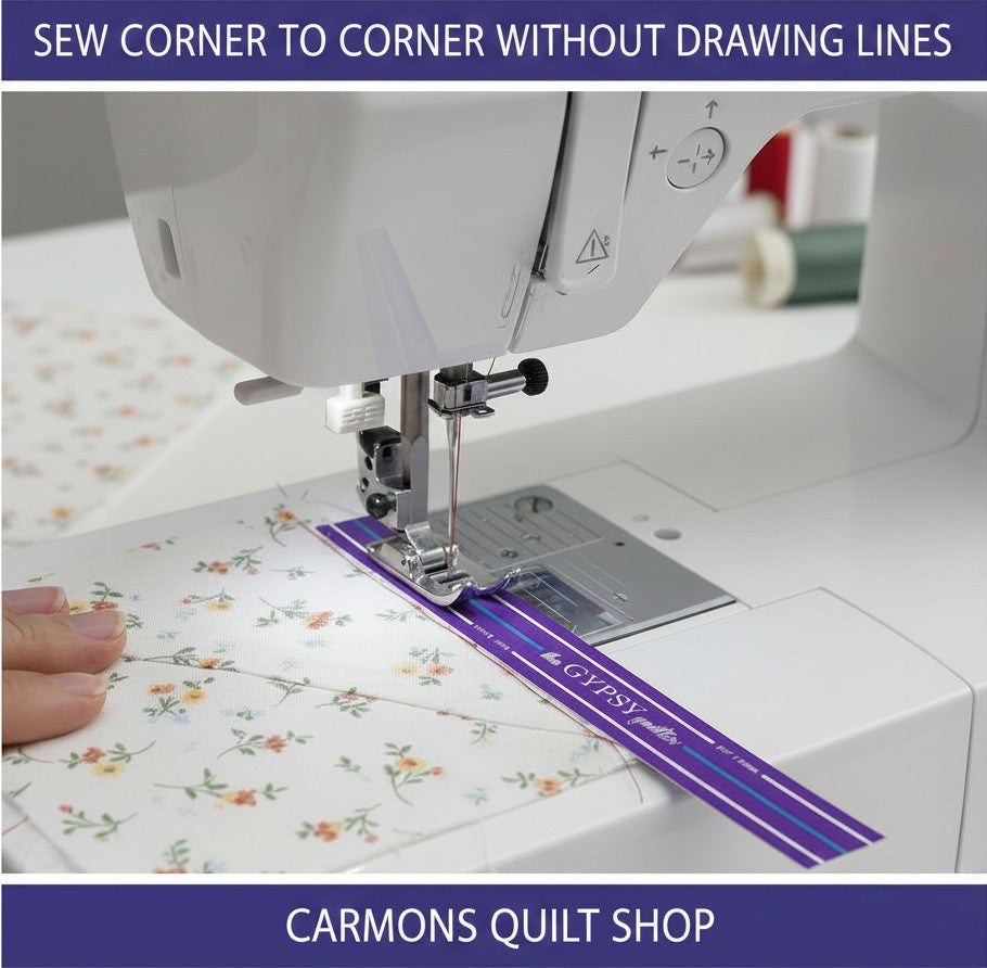Carmon's Quilt Shop The Gypsy Quilter seam guide washi tape applied to a sewing machine for precise 1/4 inch seams