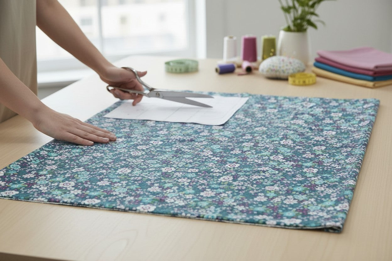 Carmon's Quilt Shop Seaside Garden Cobalt 100% cotton fabric with a floral print in blue, white, and pink.