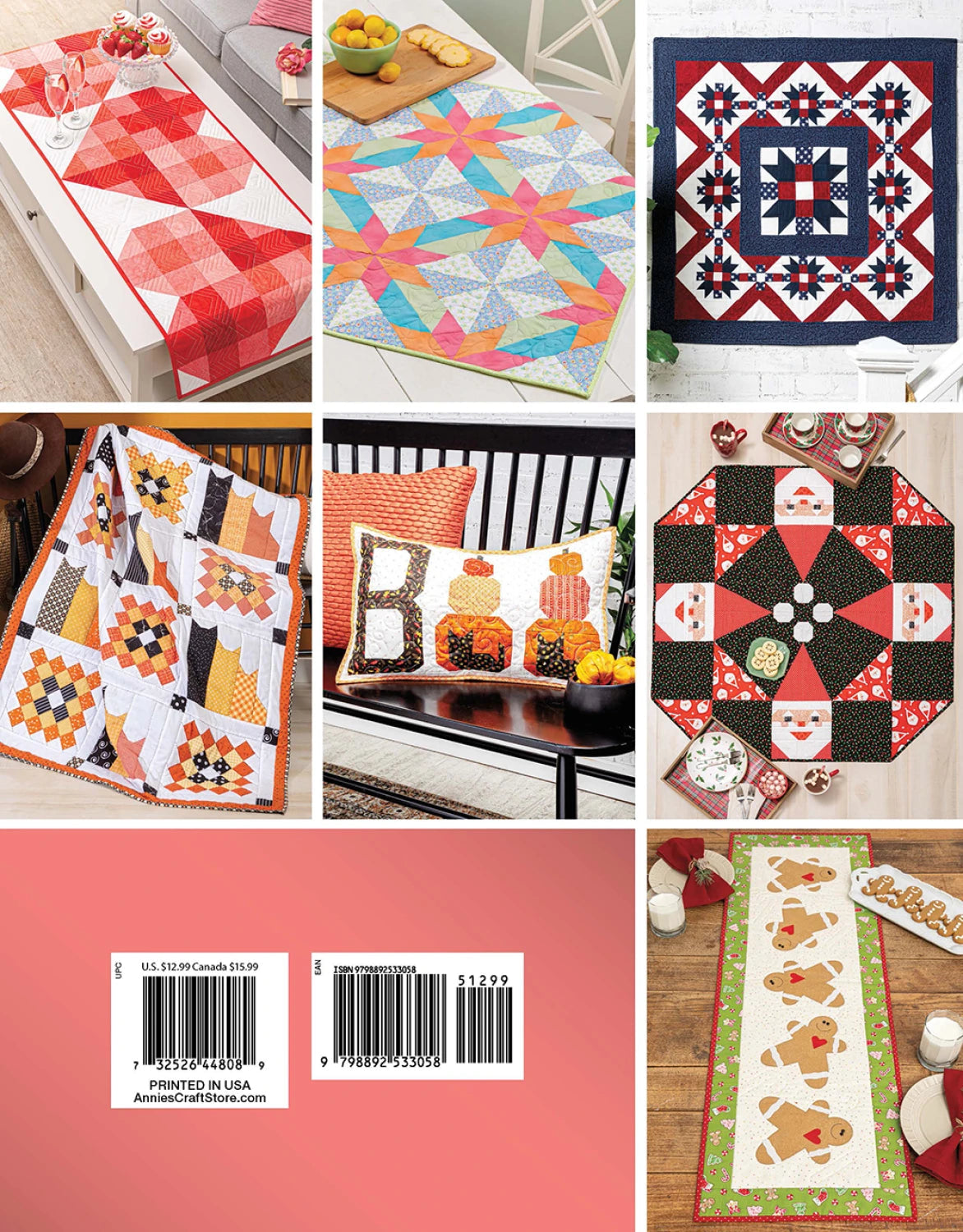 Carmon's Quilt Shop book cover showing various seasonal quilted projects like table runners, pillows, and wall hangings.