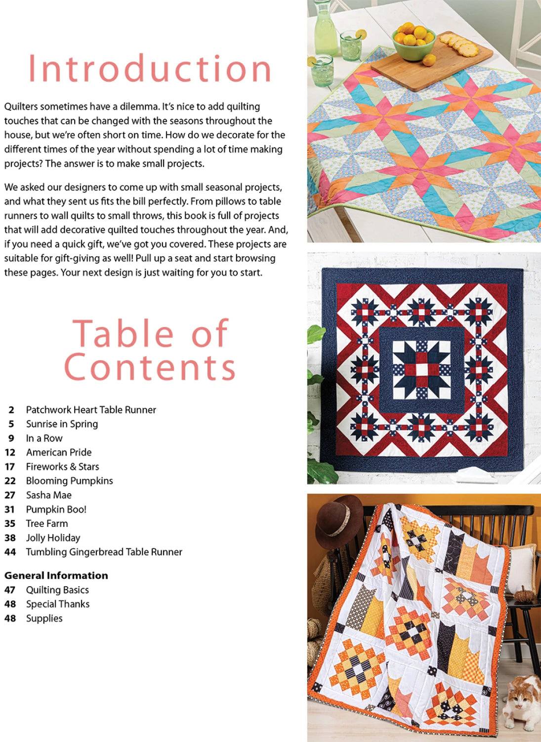 Carmon's Quilt Shop Quilted Projects For All Seasons book showing seasonal table runner, wall hanging, and quilt patterns