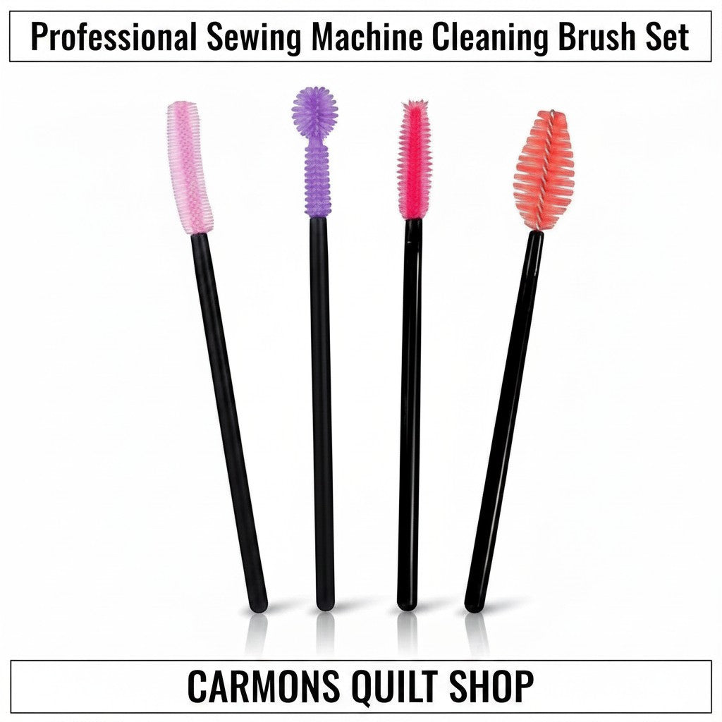 Carmon's Quilt Shop professional sewing machine cleaning brush set with four colorful silicone lint removal tools