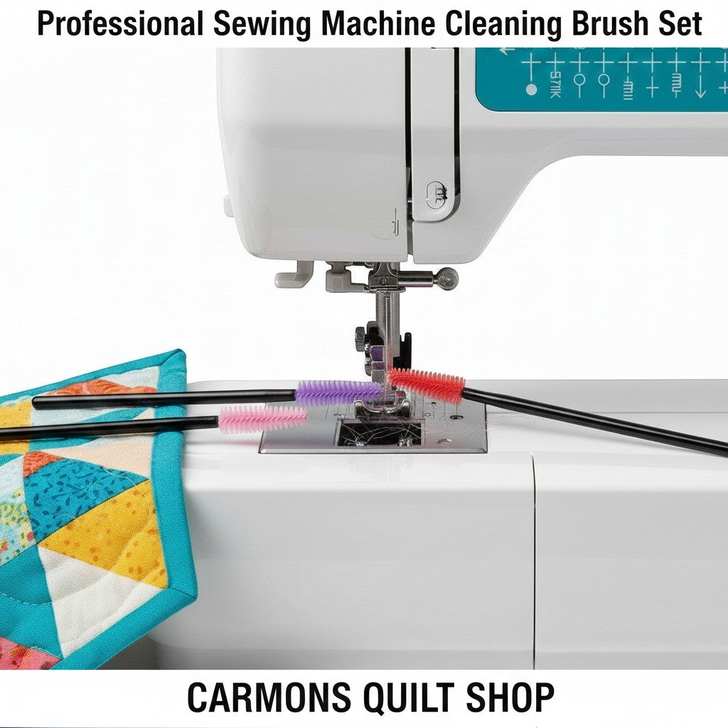 Carmon's Quilt Shop professional sewing machine cleaning brushes with colorful bristles for removing lint and debris