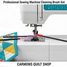 Carmon's Quilt Shop professional sewing machine cleaning brushes with colorful bristles for removing lint and debris