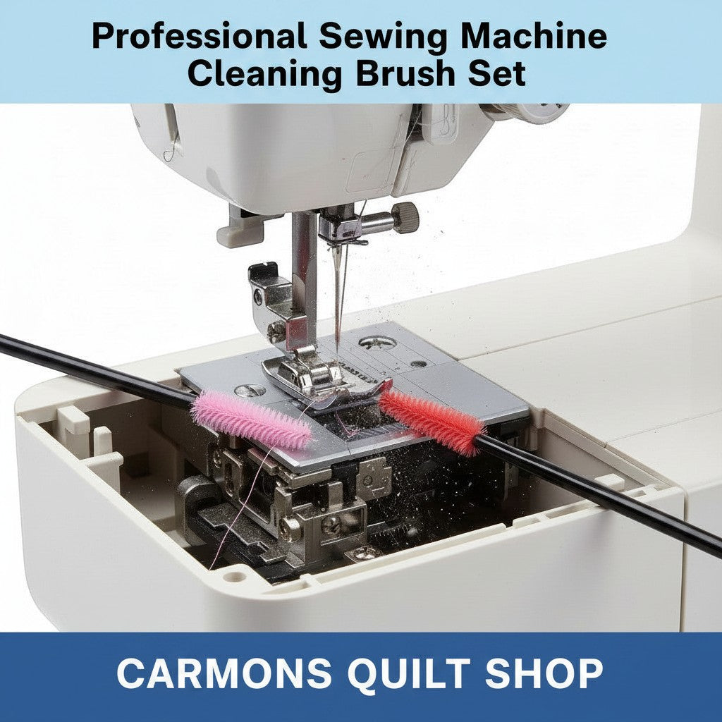 Carmon's Quilt Shop professional sewing machine cleaning brush set with pink and red brushes cleaning a machine