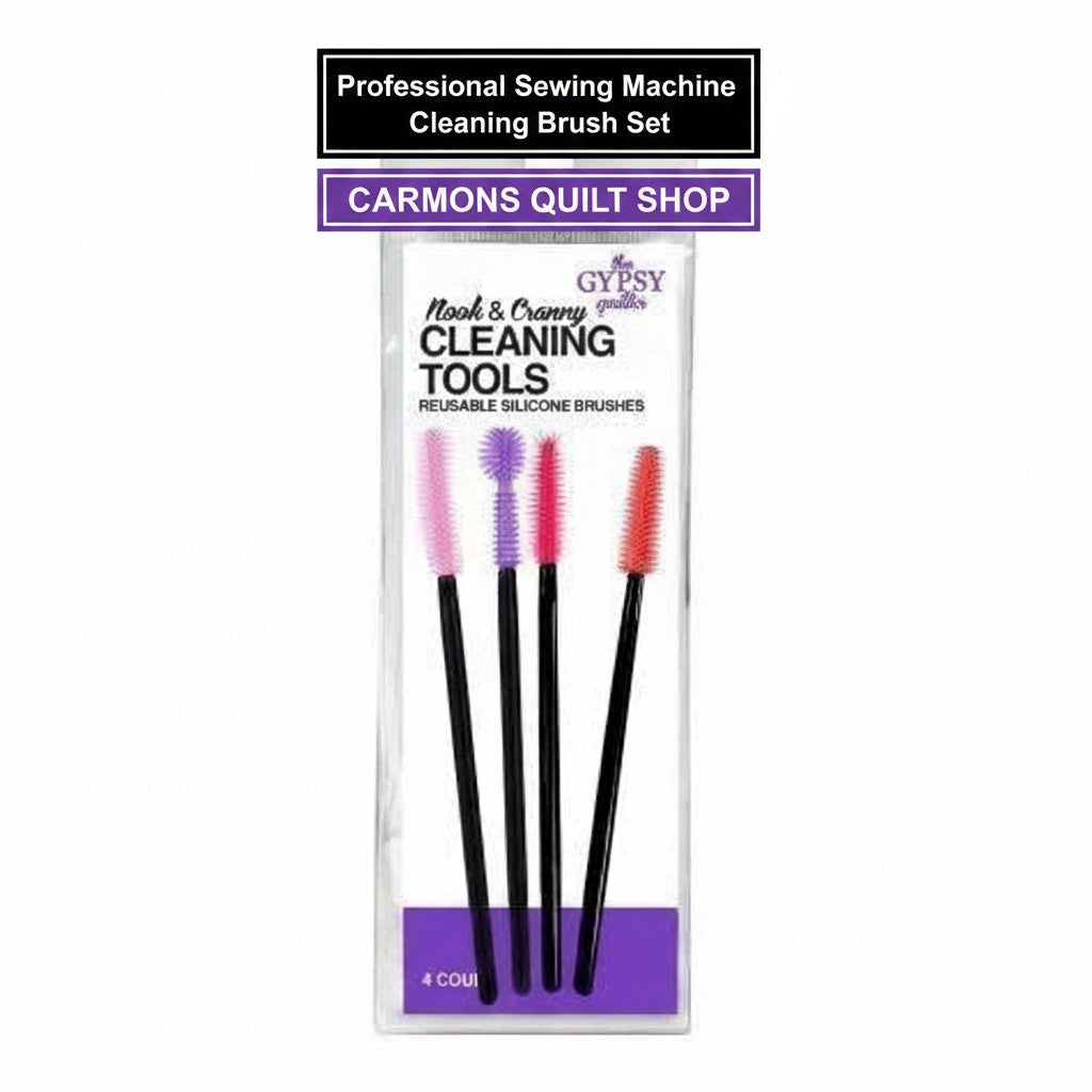 Carmon's Quilt Shop professional sewing machine cleaning brush set with four colorful silicone brushes in packaging