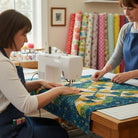 Two women sewing a blue and yellow patterned quilt at Carmon's Quilt Shop using a white sewing machine