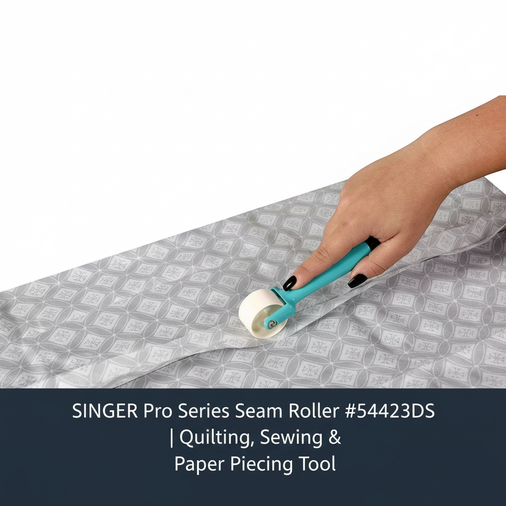 Carmon's Quilt Shop SINGER Pro Series seam roller pressing a flat seam on grey patterned fabric for quilting