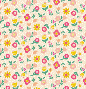 Carmon's Quilt Shop Sisterhood floral fabric print with yellow, pink, and aqua flowers on a cream background