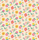 Carmon's Quilt Shop Sisterhood floral fabric print with yellow, pink, and aqua flowers on a cream background