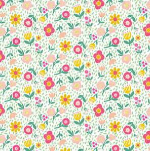 Carmon's Quilt Shop Sisterhood floral fabric print with pink, yellow, and green flowers on a white background