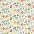 Carmon's Quilt Shop Sisterhood floral fabric print with pink, yellow, and green flowers on a white background