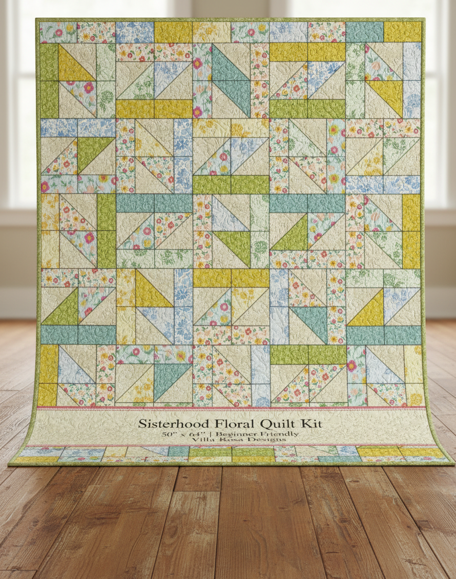 Carmon's Quilt Shop Sisterhood Floral quilt kit featuring geometric blocks in soft yellow, green, blue, and floral prints