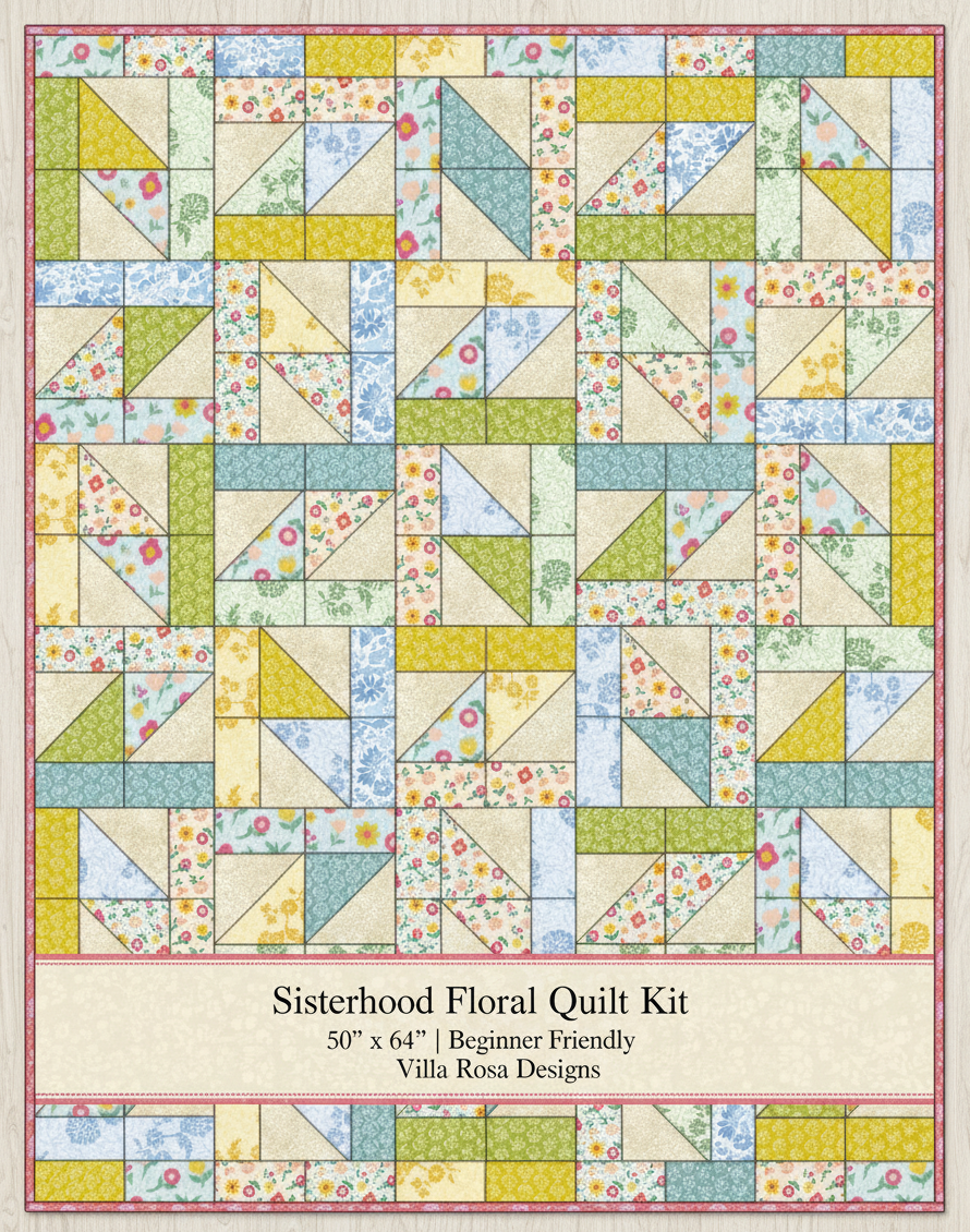 Carmon's Quilt Shop Sisterhood Floral quilt kit featuring geometric blocks in soft yellow, green, blue, and floral prints