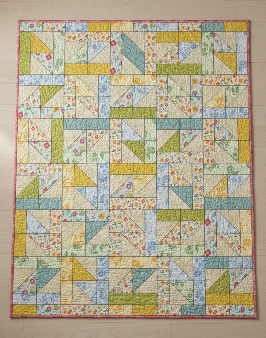 Carmon's Quilt Shop Sisterhood floral quilt kit featuring geometric blocks in yellow, green, blue, and aqua prints.