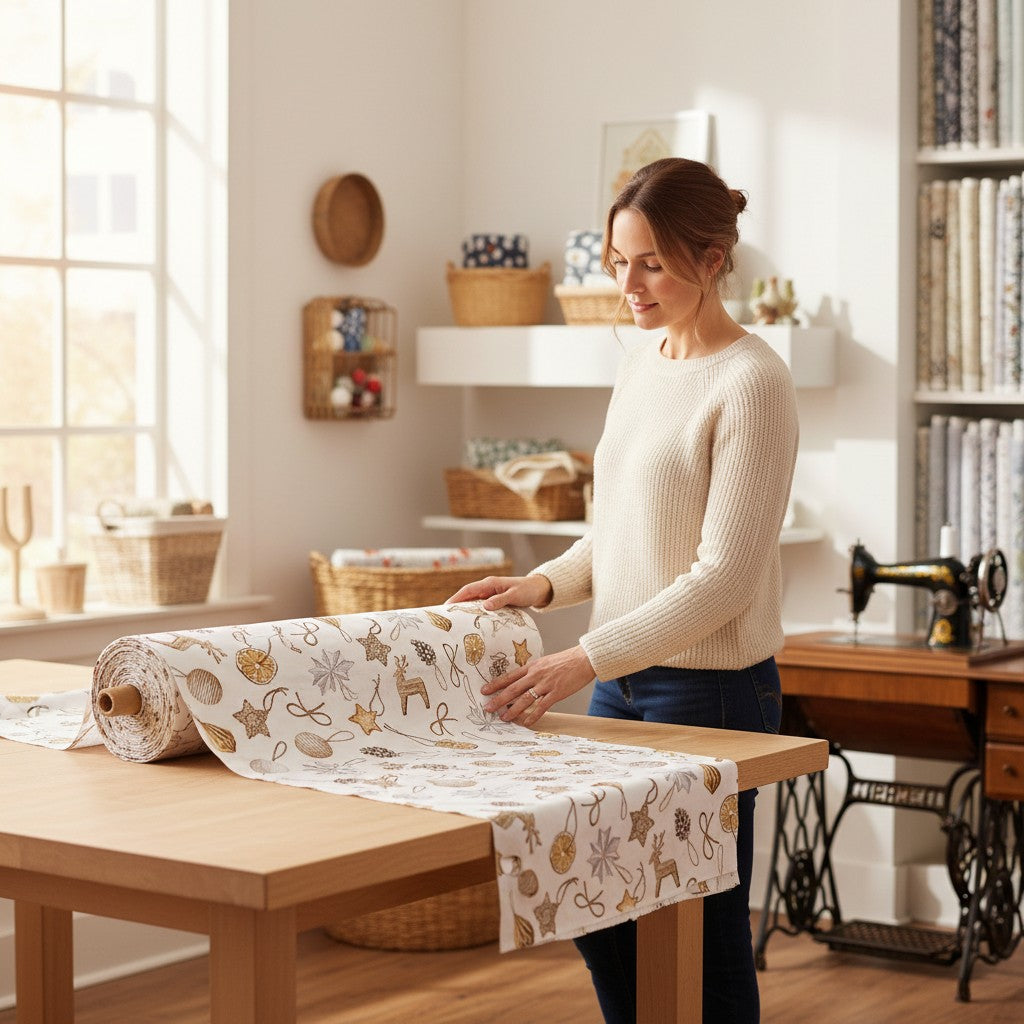 Carmon's Quilt Shop woman unrolling Snowbound White Ornaments cotton fabric with festive holiday print on a wooden table