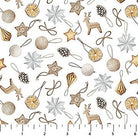 Carmon's Quilt Shop Snowbound cotton fabric featuring festive holiday ornaments like reindeer and pinecones on white.